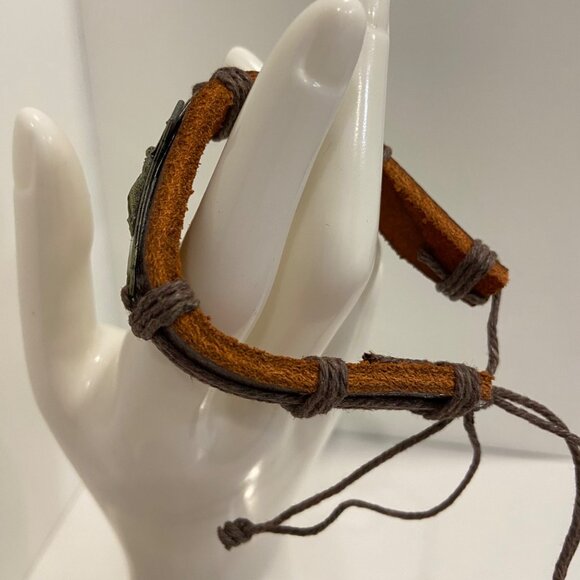 Brown Leather Christian Crucifix Bracelet With Adjustable Cord & Cross Char - Picture 3 of 8